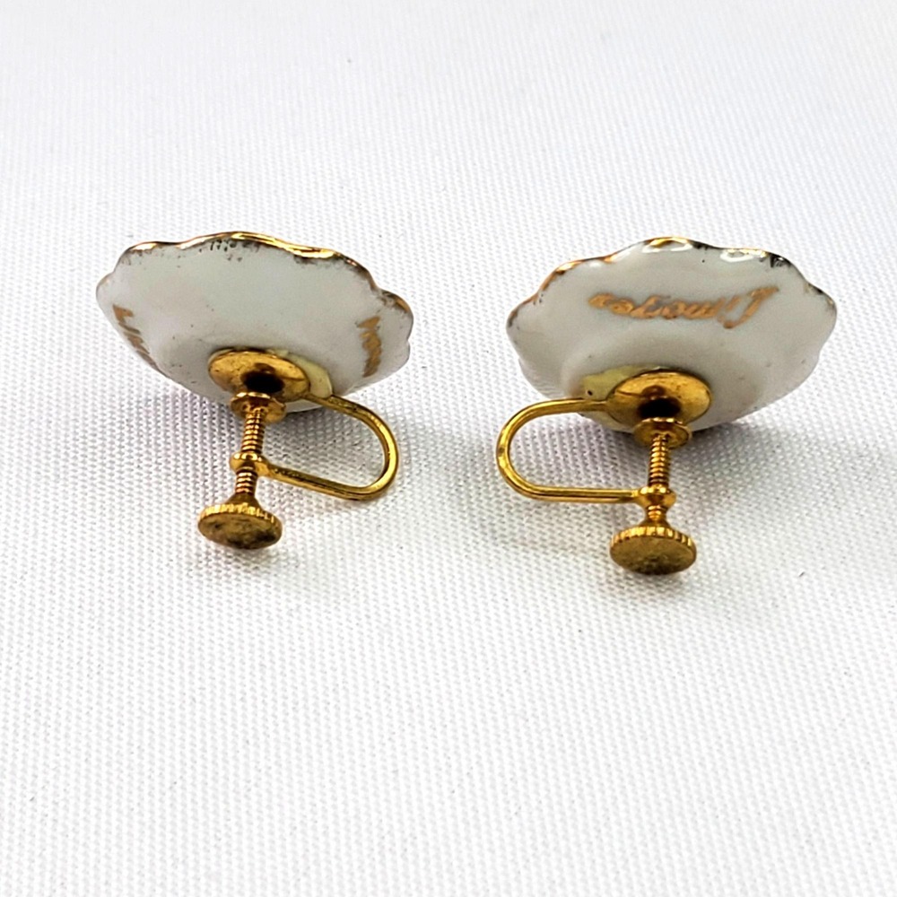 VTG Limoges France Porcelain Screw-Back Earrings Hand Painted Gilt Floral Design - Picture 3 of 7